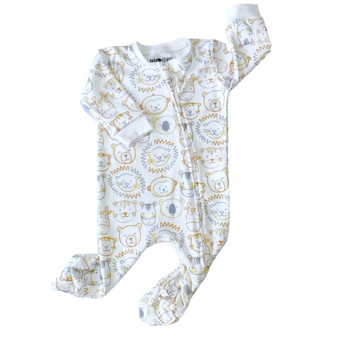 A 100% cotton footy romper with a zip closure made from 200-gram interlock fabric featuring a pattern of various cartoon animal faces in pastel colors. The animals include lions, giraffes, bears, and monkeys. 