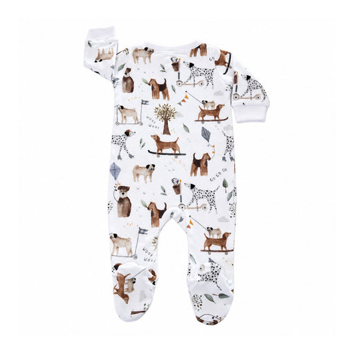 Back view of the white Dogs Playground Footy Romper, showing the all-over dog adventure print, long sleeves with white cuffs and printed built-in footies.
