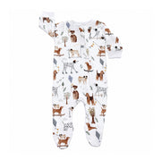 Front view of the white Footy Romper - Dogs Playground, featuring colourful dogs on scooters, skateboards and roller skates, long sleeves, a full-length zip and built-in footies.