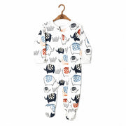 Sleepsuit with blue and rust coloured character elephants on white background
