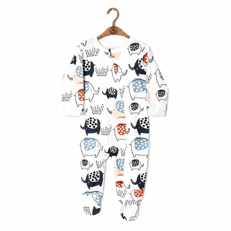 Sleepsuit with blue and rust coloured character elephants on white background