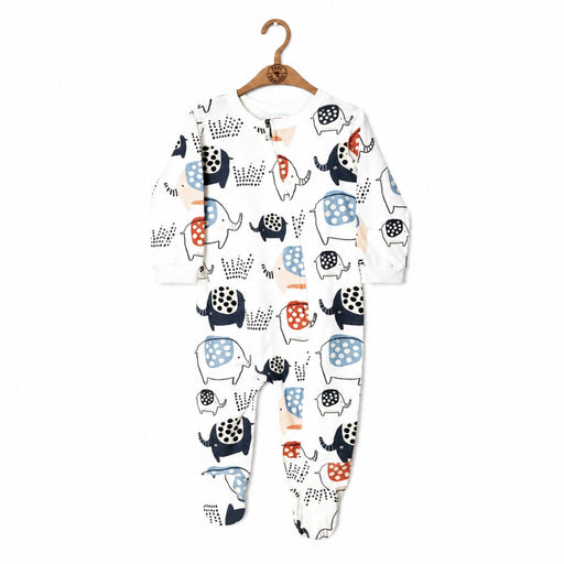 Sleepsuit with blue and rust coloured character elephants on white background