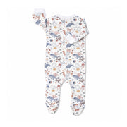 Back of white Finn and Friends footy romper with blue-grey dolphins, pink sea creatures and coral, long sleeves, white cuffs and enclosed feet.