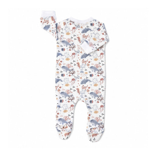 Back of white Finn and Friends footy romper with blue-grey dolphins, pink sea creatures and coral, long sleeves, white cuffs and enclosed feet.
