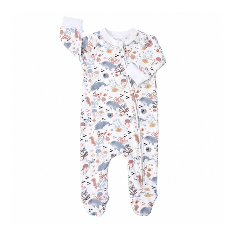 Front of white Finn and Friends footy romper with dolphins, seahorses, jellyfish and fish, featuring a full-length zip, white cuffs and built-in feet.