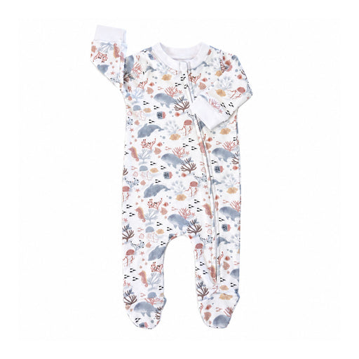 Front of white Finn and Friends footy romper with dolphins, seahorses, jellyfish and fish, featuring a full-length zip, white cuffs and built-in feet.