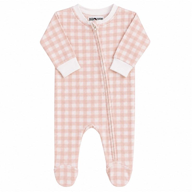 Footy Romper - Pink Gingham 100% cotton interlock baby sleepsuit with front zip and footed legs