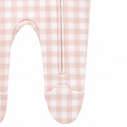 Foot view of Footy Romper - Pink Gingham 100% cotton interlock baby sleepsuit with front zip and footed legs