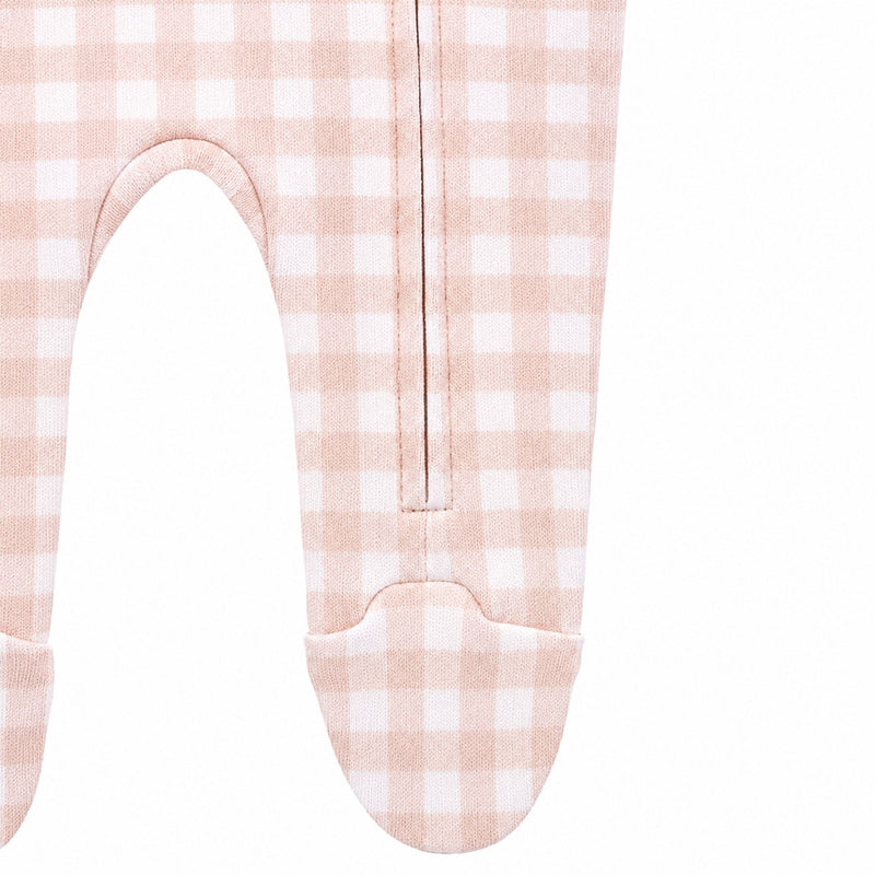 Foot view of Footy Romper - Pink Gingham 100% cotton interlock baby sleepsuit with front zip and footed legs