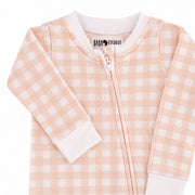 Closeup view of Footy Romper - Pink Gingham 100% cotton interlock baby sleepsuit with front zip and footed legs