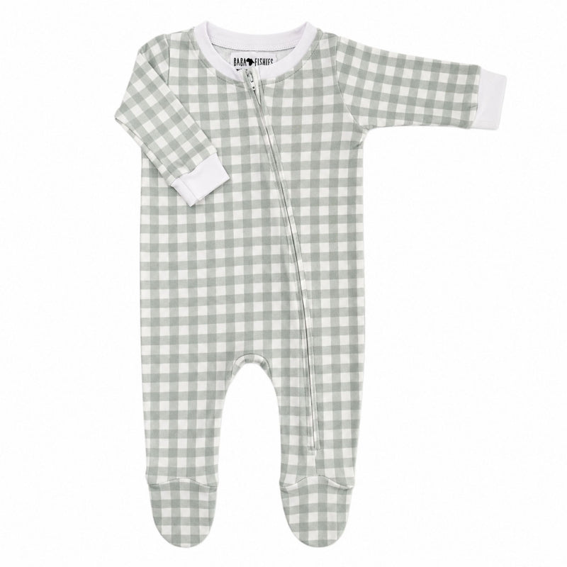 Footy Romper - Sage Green Gingham 100% cotton interlock baby sleepsuit with front zip and footed legs