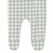 Foot view of Footy Romper - Sage Green Gingham 100% cotton interlock baby sleepsuit with front zip and footed legs