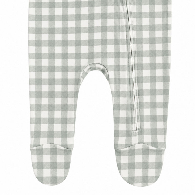 Foot view of Footy Romper - Sage Green Gingham 100% cotton interlock baby sleepsuit with front zip and footed legs