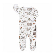 Footy Romper - Hi There White, back view with long sleeves and enclosed feet, featuring elephants, tigers and crocodiles on white.