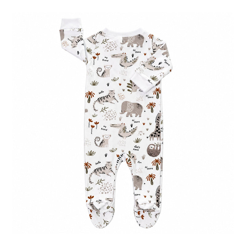 Footy Romper - Hi There White, back view with long sleeves and enclosed feet, featuring elephants, tigers and crocodiles on white.