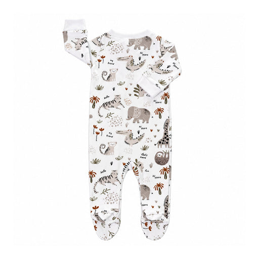 Footy Romper - Hi There White, back view with long sleeves and enclosed feet, featuring elephants, tigers and crocodiles on white.