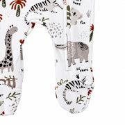Footy Romper - Hi There White, close-up of enclosed feet and the lower zip, with giraffe, elephant and striped tiger motifs.