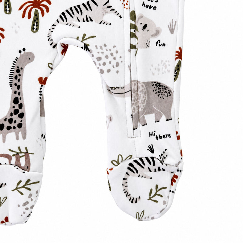Footy Romper - Hi There White, close-up of enclosed feet and the lower zip, with giraffe, elephant and striped tiger motifs.