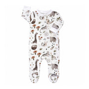 Footy Romper - Hi There White, front view with long sleeves, white cuffs, full-length zip and enclosed feet in an earthy animal print.