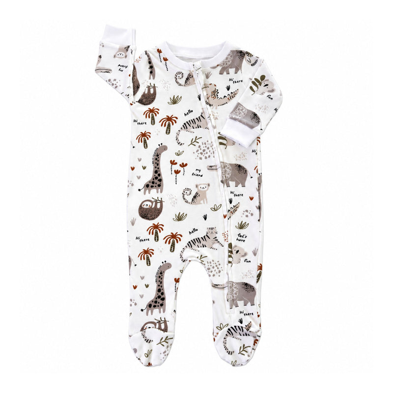 Footy Romper - Hi There White, front view with long sleeves, white cuffs, full-length zip and enclosed feet in an earthy animal print.