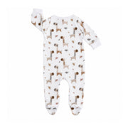 A baby long-sleeve footed sleeper in white with an all-over print of brown giraffes and small brown leaf motifs, shown against a plain white background.