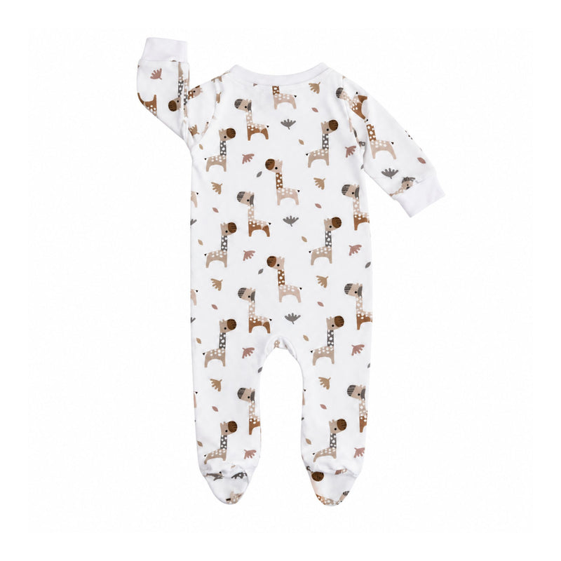 A baby long-sleeve footed sleeper in white with an all-over print of brown giraffes and small brown leaf motifs, shown against a plain white background.