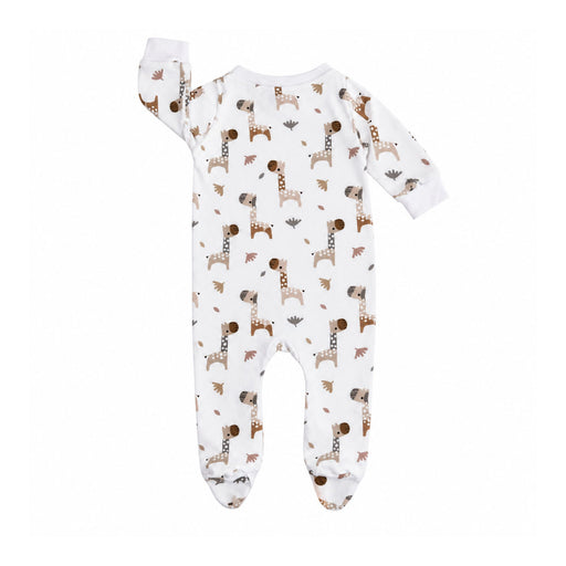 A baby long-sleeve footed sleeper in white with an all-over print of brown giraffes and small brown leaf motifs, shown against a plain white background.