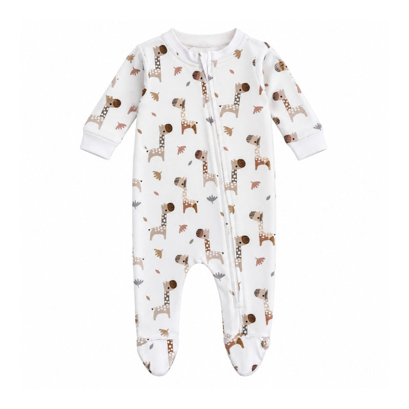 A baby footed sleeper in white with a brown and beige giraffe print, featuring a front zipper and long sleeves and legs.