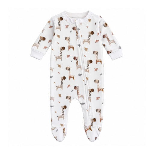 A baby footed sleeper in white with a brown and beige giraffe print, featuring a front zipper and long sleeves and legs.