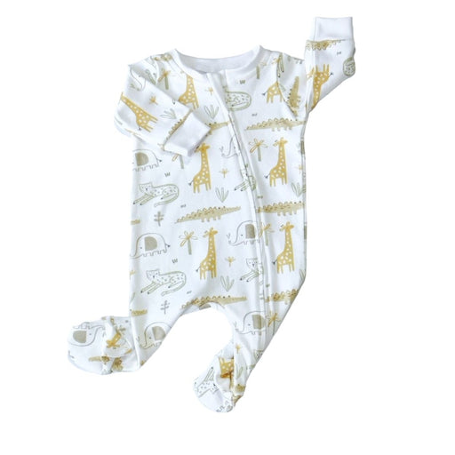A 100% cotton footy romper with a zip closure made from 200-gram interlock fabric featuring a pattern of various cartoon safari animals in pastel colors. The animals include giraffes, elephants, leopards, and crocodiles.