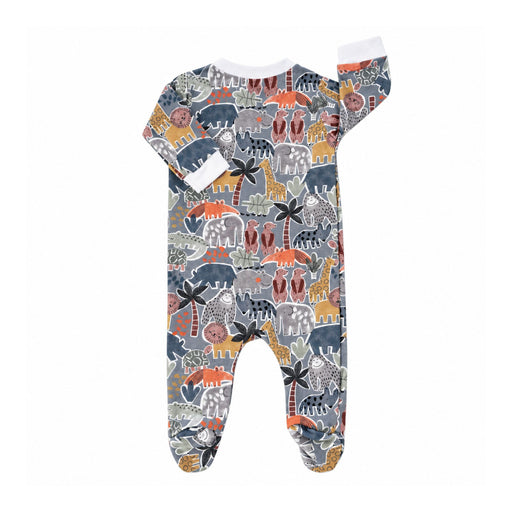 Back of blue-grey Meerkat Manor footy romper with pink meerkats, mustard lions and giraffes, grey elephants and leafy palms, white cuffs and enclosed feet.