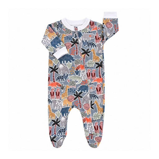 Front of blue-grey Meerkat Manor footy romper with colourful African animals and palms, a zip extending down one leg, white neckline and cuffs, and built-in feet.
