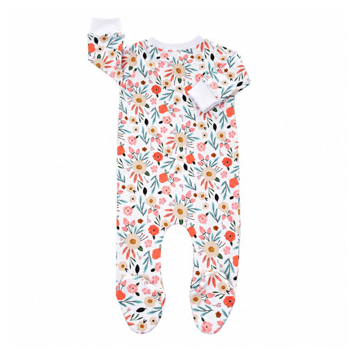 Back view of the Oh So Pretty Footy Romper, showing the colourful all-over floral print, long sleeves with white cuffs and printed enclosed footies.