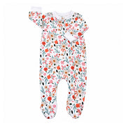 Front view of the white Footy Romper - Oh So Pretty, featuring coral, blush, aqua and green flowers and leaves, long sleeves, a full-length zip and built-in footies.