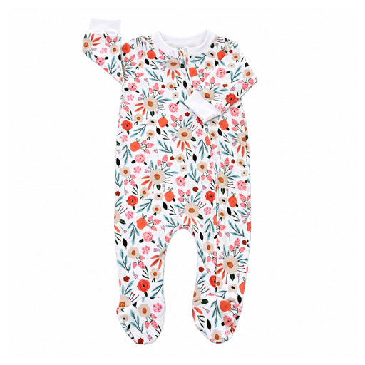 Front view of the white Footy Romper - Oh So Pretty, featuring coral, blush, aqua and green flowers and leaves, long sleeves, a full-length zip and built-in footies.