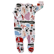 Back of White Footy Romper - Rust Ellie with colourful elephants, hippos and crocodiles