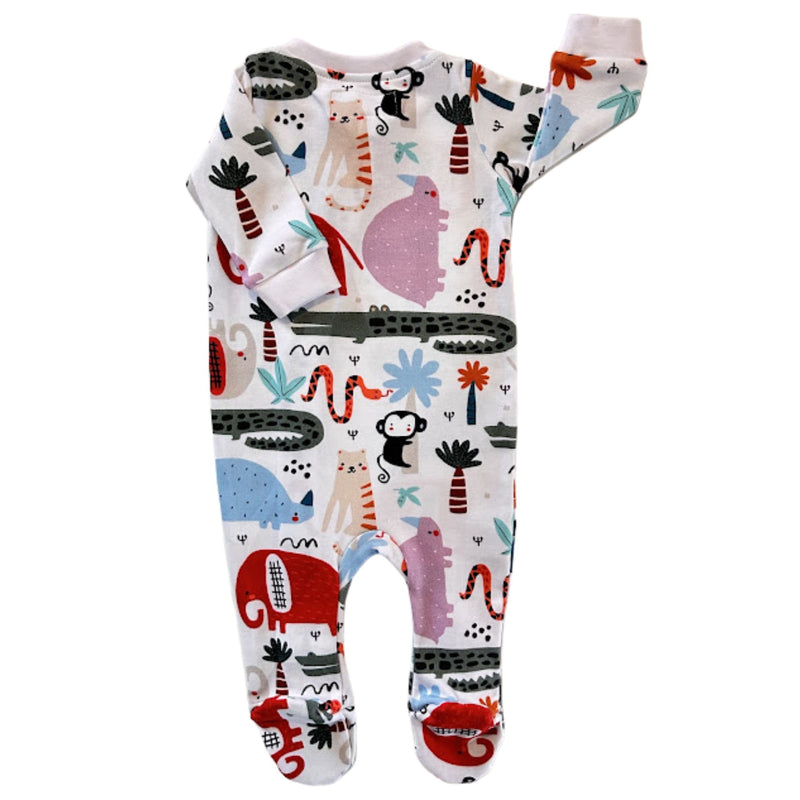 Back of White Footy Romper - Rust Ellie with colourful elephants, hippos and crocodiles