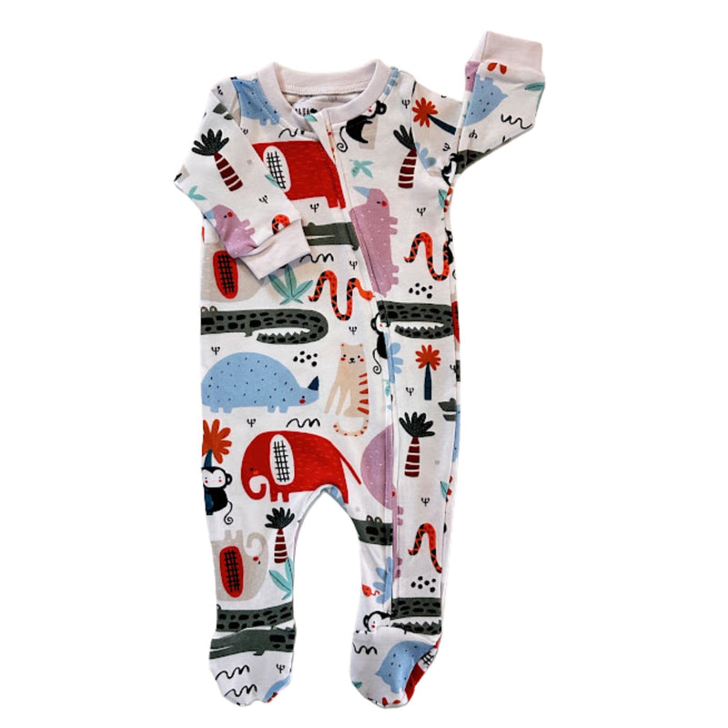 White Footy Romper - Rust Ellie with colourful elephants, hippos and crocodiles
