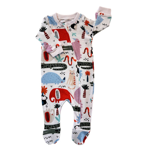 White Footy Romper - Rust Ellie with colourful elephants, hippos and crocodiles