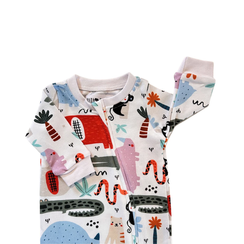 White Footy Romper - Rust Ellie with colourful elephants, hippos and crocodiles - top section
