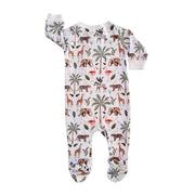 A baby footed sleeper with long sleeves and an all-over safari-themed print featuring giraffes, elephants, palm trees, flamingos, zebras, and birds on a white background.