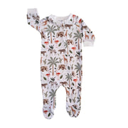 Footy Romper - Two By Two white cotton baby sleepsuit with elephants, giraffes, zebras, leopards, flamingos and palm trees.