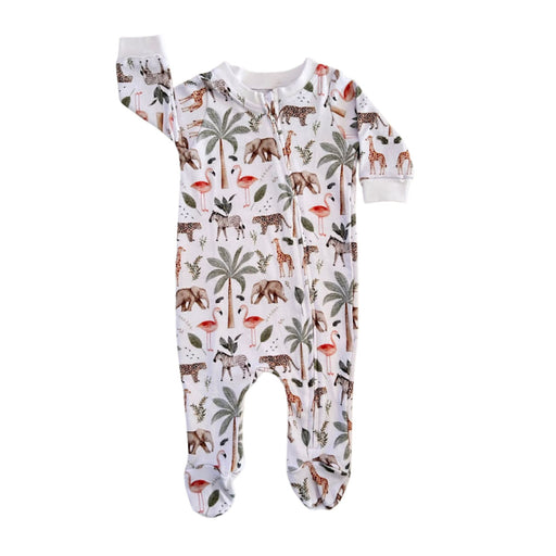 Footy Romper - Two By Two white cotton baby sleepsuit with elephants, giraffes, zebras, leopards, flamingos and palm trees.