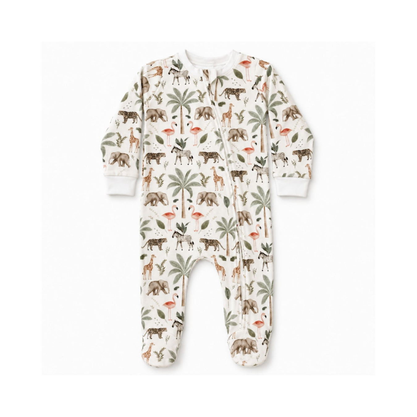 Footy Romper - Two By Two white cotton baby sleepsuit with elephants, giraffes, zebras, leopards, flamingos and palm trees.