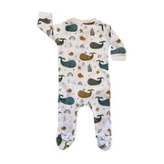 Back view of Footy Romper - Whales on White white cotton baby sleepsuit with whale print