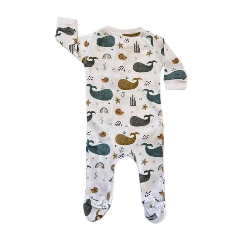 Back view of Footy Romper - Whales on White white cotton baby sleepsuit with whale print