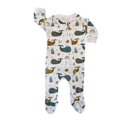 Footy Romper - Whales on White white cotton baby sleepsuit with blue, grey and mustard whale print