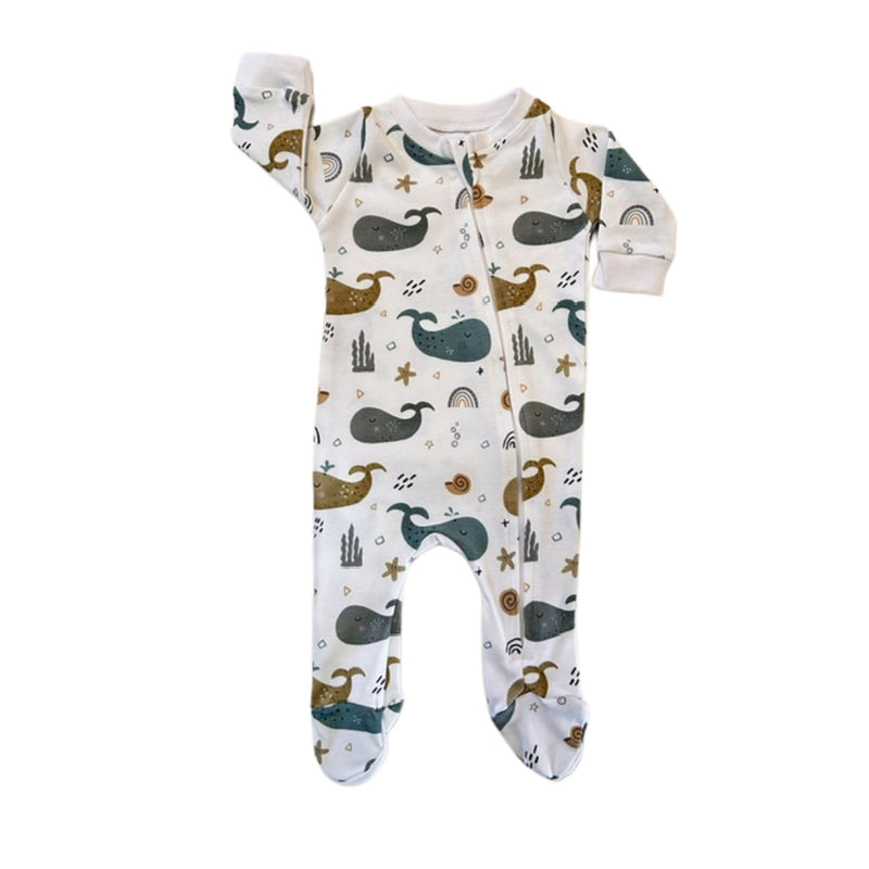 Footy Romper - Whales on White white cotton baby sleepsuit with blue, grey and mustard whale print