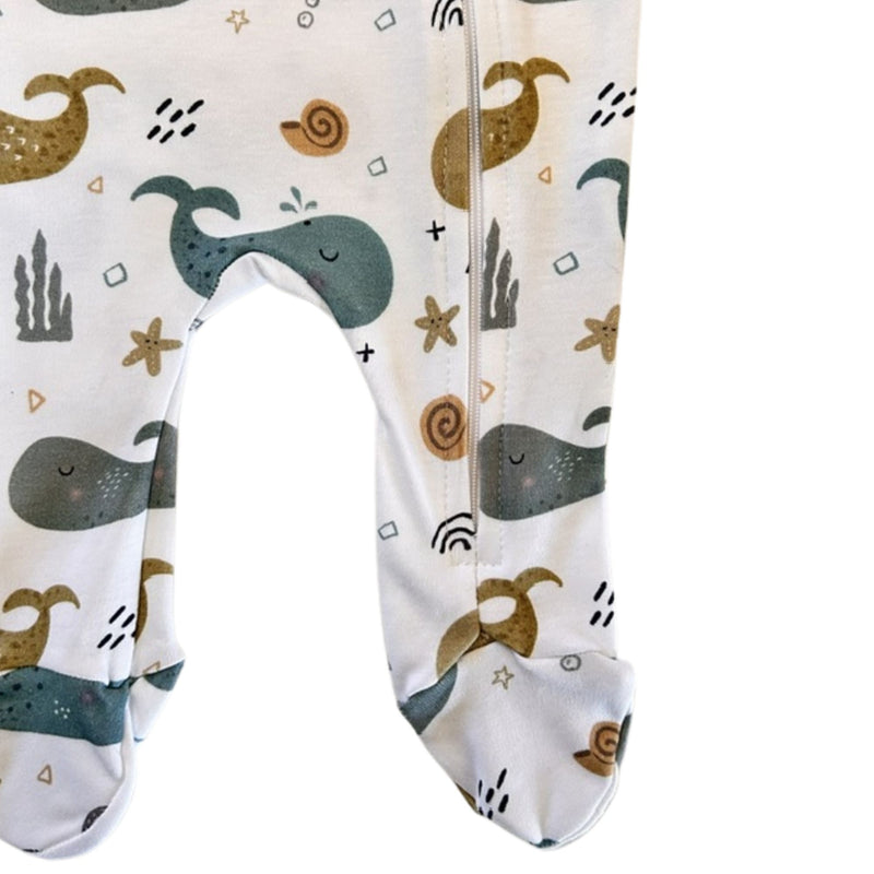 Footy Romper - Whales on White built-in footie and colourful whale print close-up