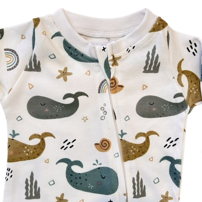 Footy Romper - Whales on White covered full-length zip and whale print neckline close-up
